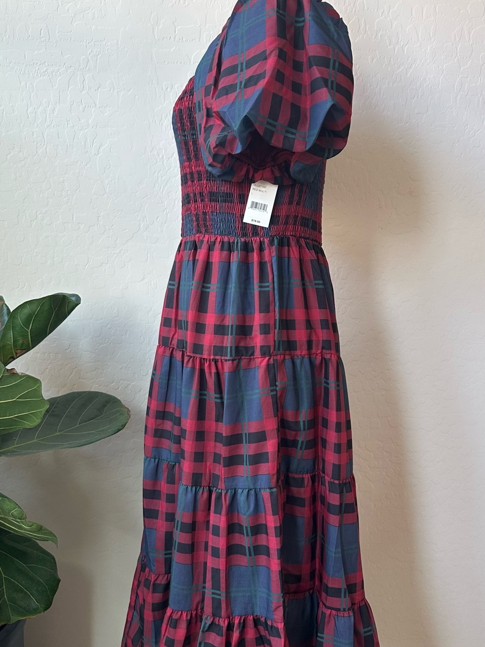 NWT Midnight Doll Smocked Plaid Square Neck Puff Sleeve Midi Dress Size L - Picture 3 of 11